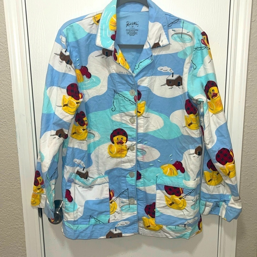 Nick & Nora flannel pajama top only, size Medium Ice Fishing Rubber Ducky theme